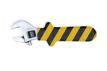 Adjustable metal wrench. Background made of a metal adjustable wrench with a rubber striped handle. 