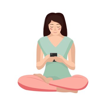 Vector illustration of a girl sitting in a lotus position with a phone in her hands. Brown-haired girl with a white background. 