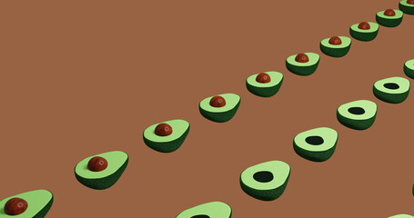 Render with fun isometric background with avocado with seeds