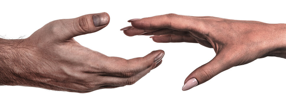 Female and male black hands  isolated white background showing interlocked fingers gesture. african woman and man hands showing different joint gesture