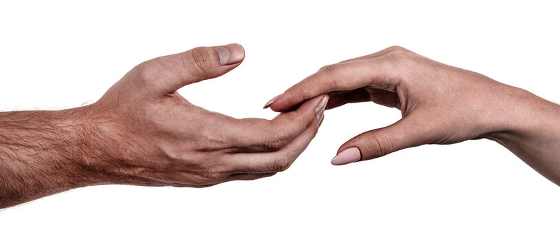 Female and male black hands  isolated white background showing interlocked fingers gesture. african woman and man hands showing different joint gesture