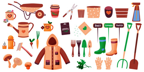 Gardening tools illustration in flat style. seedlings, garden tools and cutter. Fertilizer, gloves, insecticide, pitchfork, wheelbarrow and watering can. Eps 10