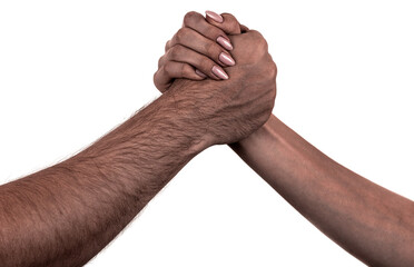 Fototapeta premium Female and male black hands isolated white background showing interlocked fingers gesture. african woman and man hands showing different joint gesture