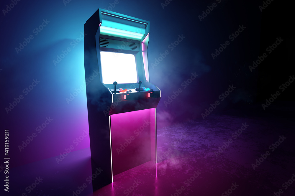 Wall mural Neon pink and cyan glowing retro games arcade machine background. 3D illustration.