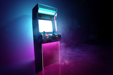 Neon pink and cyan glowing retro games arcade machine background. 3D illustration. - obrazy, fototapety, plakaty