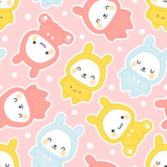 Bunny Rabbit wearing hoodie, Kawaii seamless pattern, vector illustration background, easter wallpaper for kids