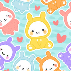 Bunny Rabbit wearing hoodie, Kawaii seamless pattern, vector illustration background, easter wallpaper for kids