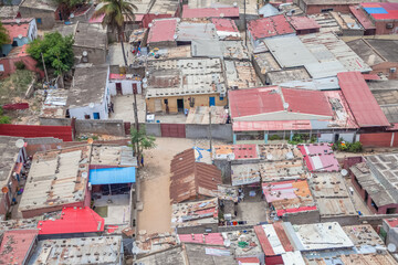 Aerial view of a poor neighborhood in the central area of ​​Luanda city, typical African ghetto
