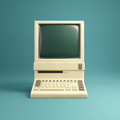 Retro 1980's style beige desktop computer and built in screen and keyboard.  3D illustration. - obrazy, fototapety, plakaty