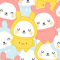 Naklejka premium Bunny Rabbit wearing hoodie, Kawaii seamless pattern, vector illustration background, easter wallpaper for kids