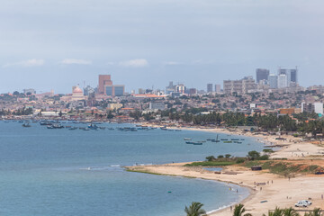 Fototapeta na wymiar Aerial view of downtown Luanda, marine coast and beach, marginal and central buildings, in Angola
