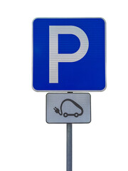 View of parking lot sign for electric cars for charging batteries on white background