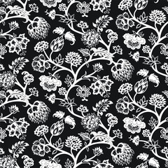 white floral seamless vector pattern on black background