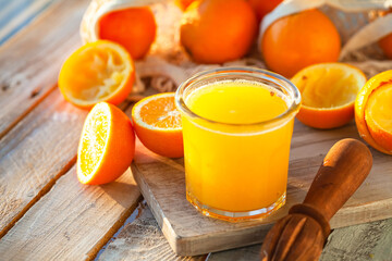 Glass of freshly sqeezed orange juice on a wooden table. Natural source of vitamins, healthy beverage for ideal breakfast. Bright sunny summer day. Close up, copy space for text.