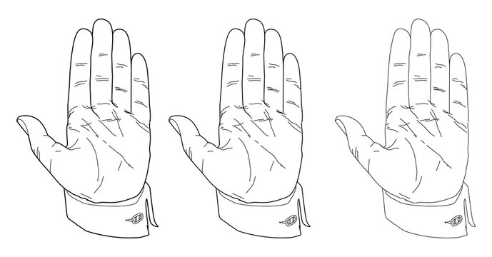 Set Man's hand with an open palm. Shirt with cufflink, line drawing. Vector illustration