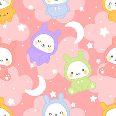 Obraz na płótnie Canvas Bunny Rabbit wearing hoodie, Kawaii seamless pattern, vector illustration background, easter wallpaper for kids