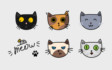 adorable, angry, animal, background, black, brown, card, cartoon, cat, character, child, collection, cream, cute, decoration, design, different, domestic, doodle, drawing, emotions, expression, face, 