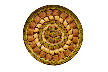 Traditional turkish, arabic sweets baklava assortment with pistachio isolated on white. Top view,...