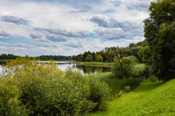 Fototapeta na wymiar Siesikai lake in front of Siesikai castle in Ukmerge district, Lithuania