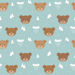 Teddy Bear Seamless Pattern Background, Happy cute bear, Cartoon Panda Bears Vector illustration for kids forest background with dots