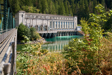 Gorge Dam Powerhouse Newhalem Washington. A hydroelectric plant on the Skagit River in Washington...