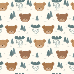 Obraz premium Teddy Bear Seamless Pattern Background, Happy cute bear, Cartoon Panda Bears Vector illustration for kids forest background with dots