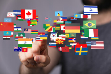 Global communication and international messaging concept, national flags of world