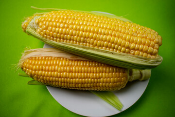 yellow corn on white plate on green background