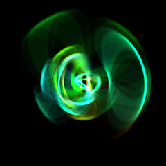 Spinning rays of light isolated on black background. Graphic 2D illustration of glowing colorful light particles in circular motion.