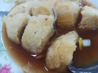 Pempek or empek-empek is a fish cake with spicy and sour vinegar sauce. typical Indonesian food from Palembang