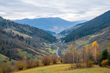 Colorful forests in the warm Carpathian mountains covered with thick gray fog