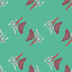 Minimalistic seamless doodle pattern with simple dark birds on branches shapes. Blue background.