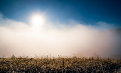 Grey mist covered the mountain hils