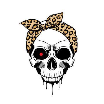 Skull with leopard print bandana, red glowing eye, drips of paint. Hand drawn vector illustration on white background
