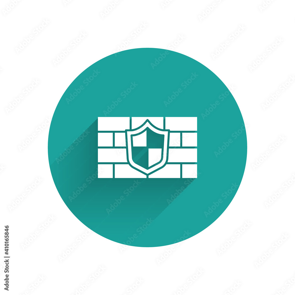 Poster white shield with cyber security brick wall icon isolated with long shadow. data protection symbol. 