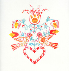 hand drawn watercolor valentine or wedding card with tree of life,flowers,heart,birds
