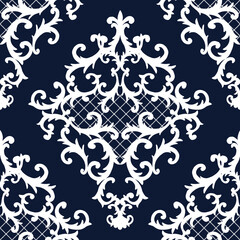 Seamless baroque style damask ornamental pattern. Hand drawn white texture on dark blue background