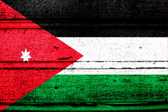 National flag of Jordan, abbreviated with jo; a realistic 3d image of the national symbol from an independent country painted on a wooden wall