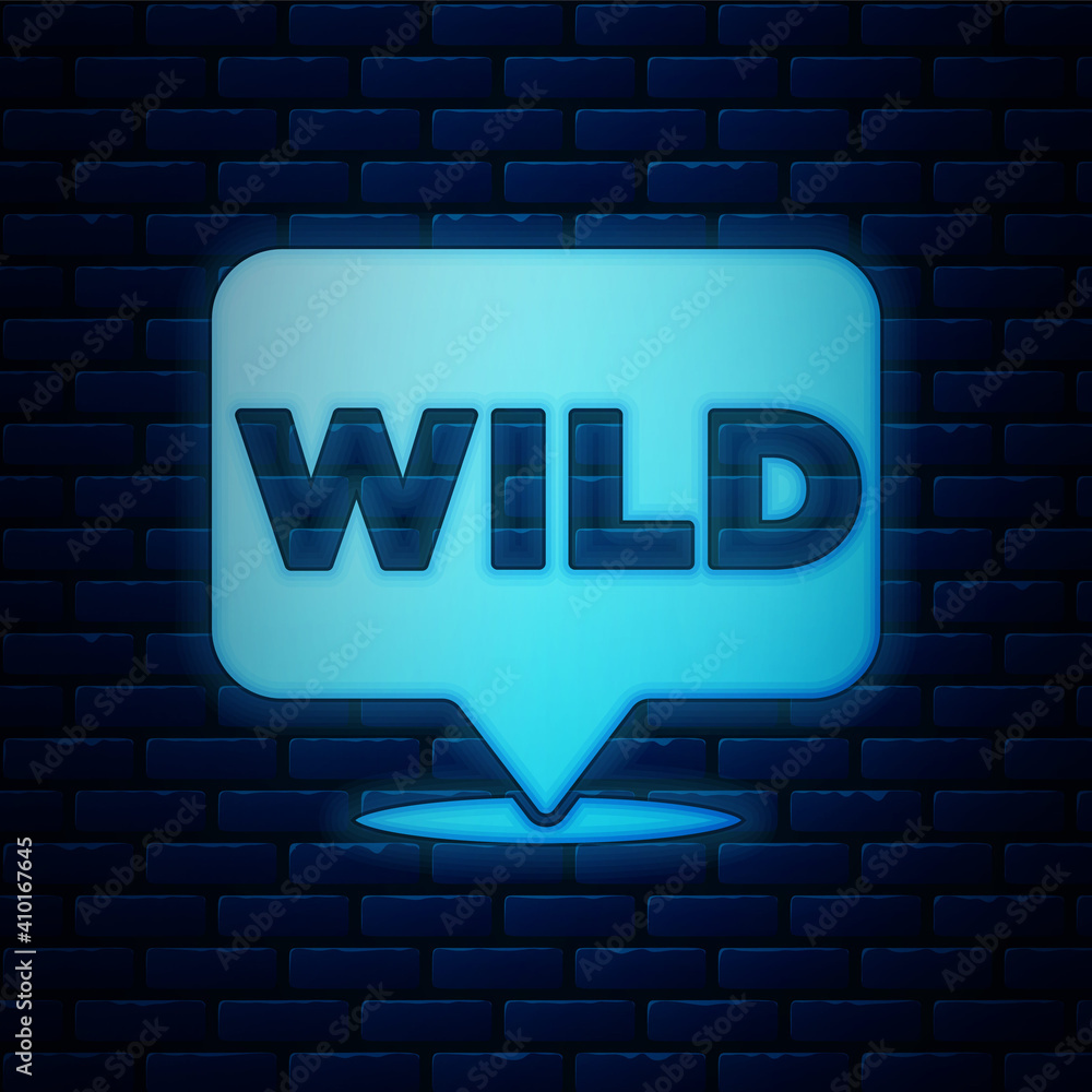 Poster glowing neon pointer to wild west icon isolated on brick wall background. western signboard, message