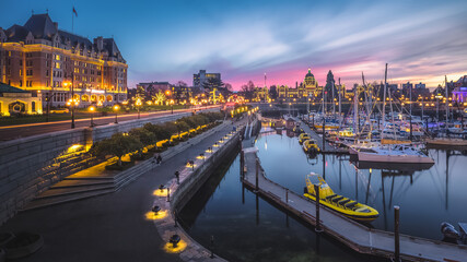 Sunset cityscape panoramic view of the Inner Harbour, the  and the Legislative Assembly of British...