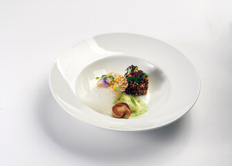 conceptual cuisine food plate served by michelin chef star with mushrooms and flowers