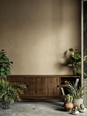 Beige interior with plants, dresser, stucco wall and decor. 3d render illustration mock up.