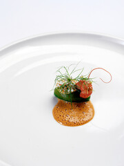 conceptual cuisine food plate served by michelin chef star with schrimp and cancer mustache