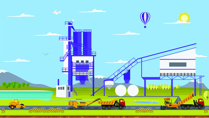 Vector cement factory and work machines paver, asphalt, road construction, cold milling machine, tipper, car, SUV
