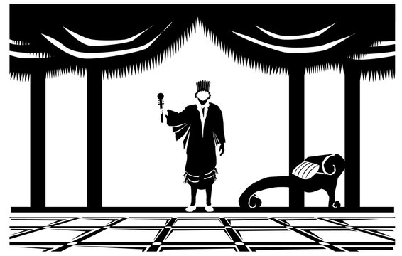 Vector illustration of King Ahasuerus, in the palace. A painting for the Book of Esther that religious Jews read on Purim
Black silhouette on a white background.