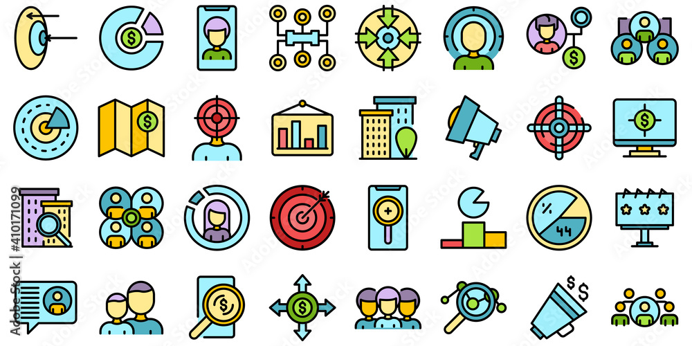 Poster target audience icons set. outline set of target audience vector icons thin line color flat on white