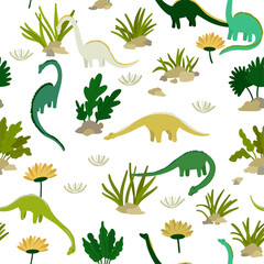 Dinosaurs and plants. Background seamless pattern for kids boys. Cute cartoon dinosaurs on white background. Vector