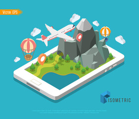 Flat map mobile GPS navigation infographic 3d isometric concept. Tablet, phone, digital map paper route pin markers.