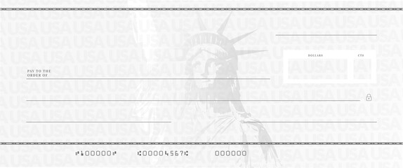 Blank stimulus check template. Fake money bank cheque mockup.
