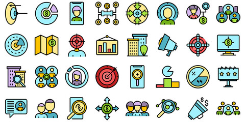 Target audience icons set. Outline set of target audience vector icons thin line color flat on white